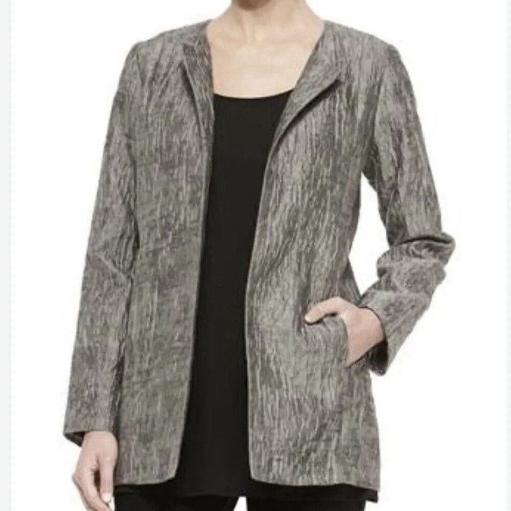 Eileen Fisher Open Blazer Sz M Gray Rye Crinkled Jacquard‎ Cotton Silk Packable